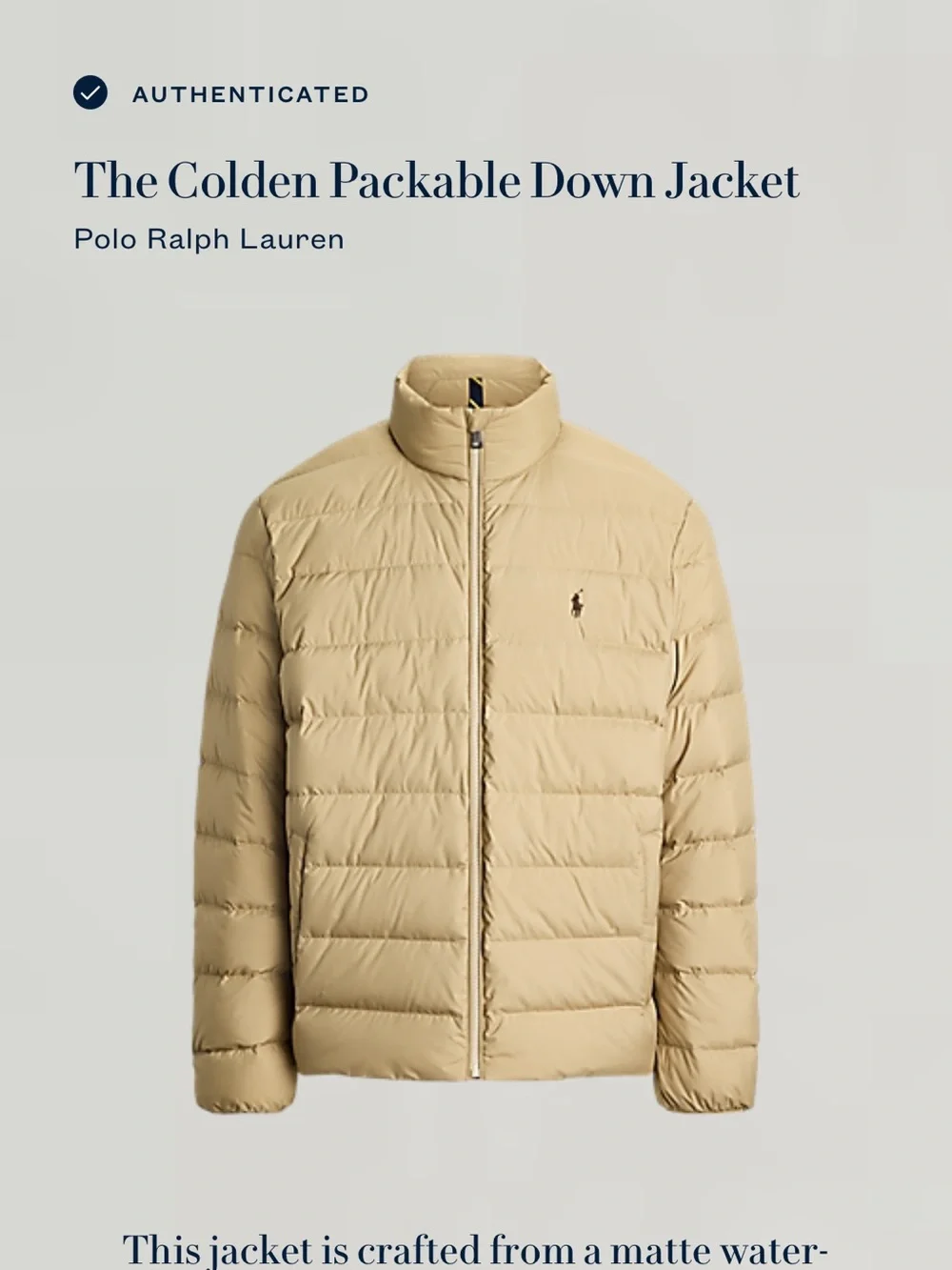 Polo Ralph Lauren Colden Packable full zip up Down Puffer Jacket Mens XXL Tan
